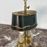 Louis XVI style two-light bouillotte lamp, green lampshade, hand-painted