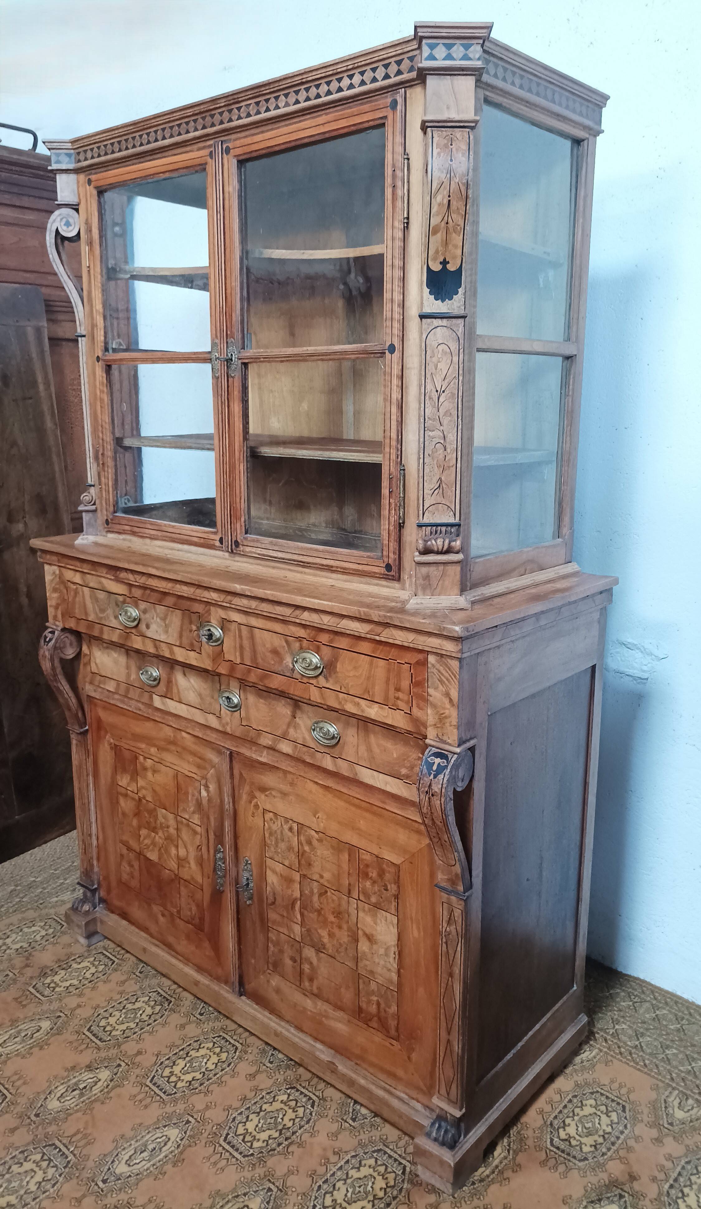 Biedermeier period sideboard in precious wood and ebony marquetry