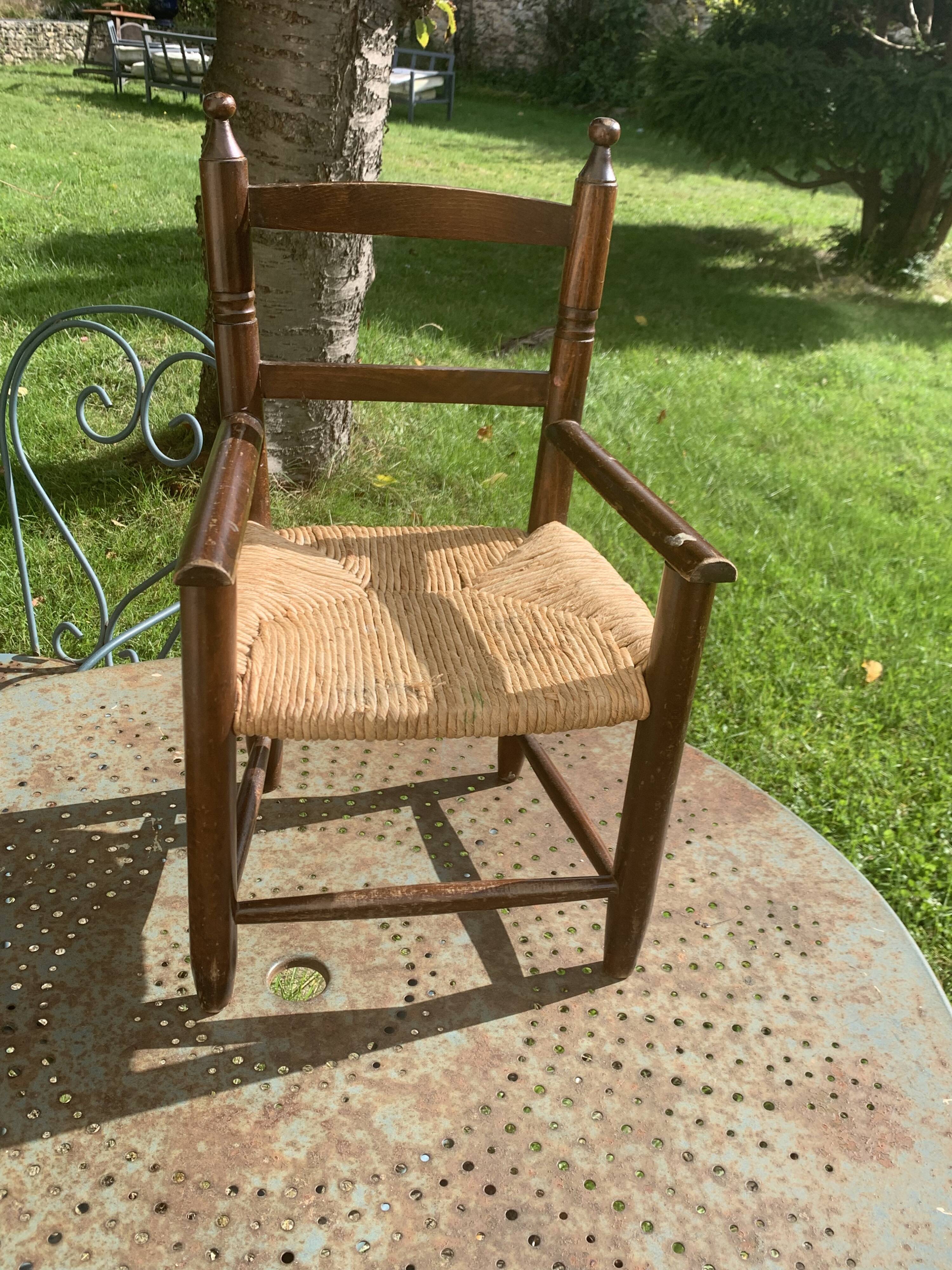 Small vintage wooden and straw children's chair