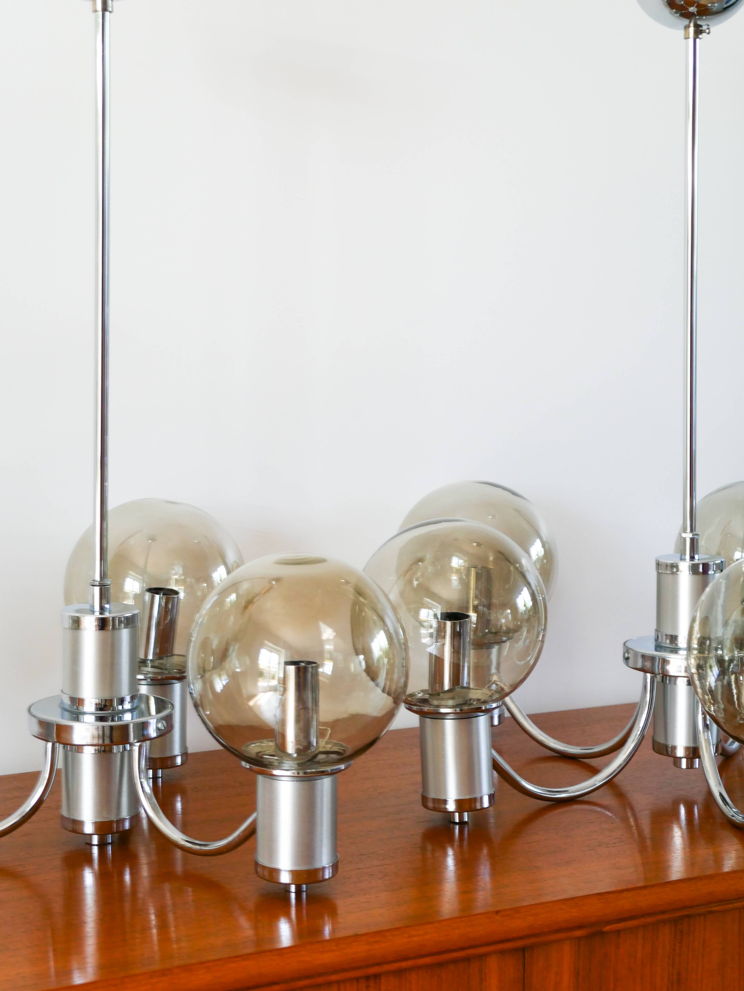 Five-branched chandelier, in chrome and smoked glass globes, Design, 1970