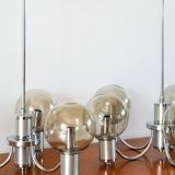 Five-branched chandelier, in chrome and smoked glass globes, Design, 1970