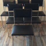 Set de 6 chaises vintage 70 piétement chrome assise Skaï noir