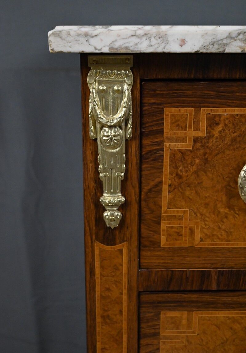 Small chest of drawers in amboyna and rosewood, Louis XVI style – 1940