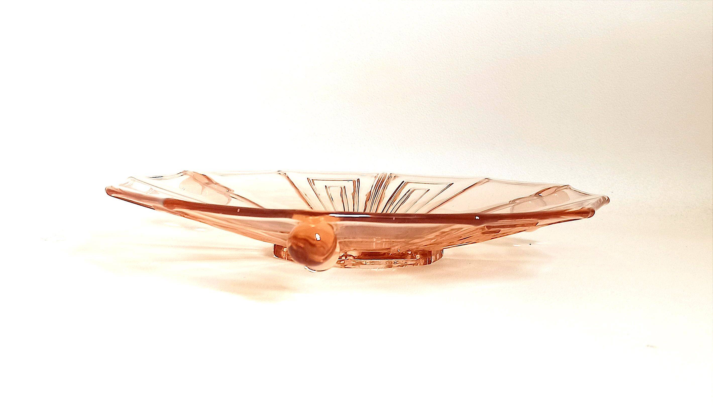 Art Deco pressed molded pink glass fruit bowl Diameter 30 cm.