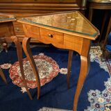 Pair of side tables, corner tables, solid blond walnut, Loui