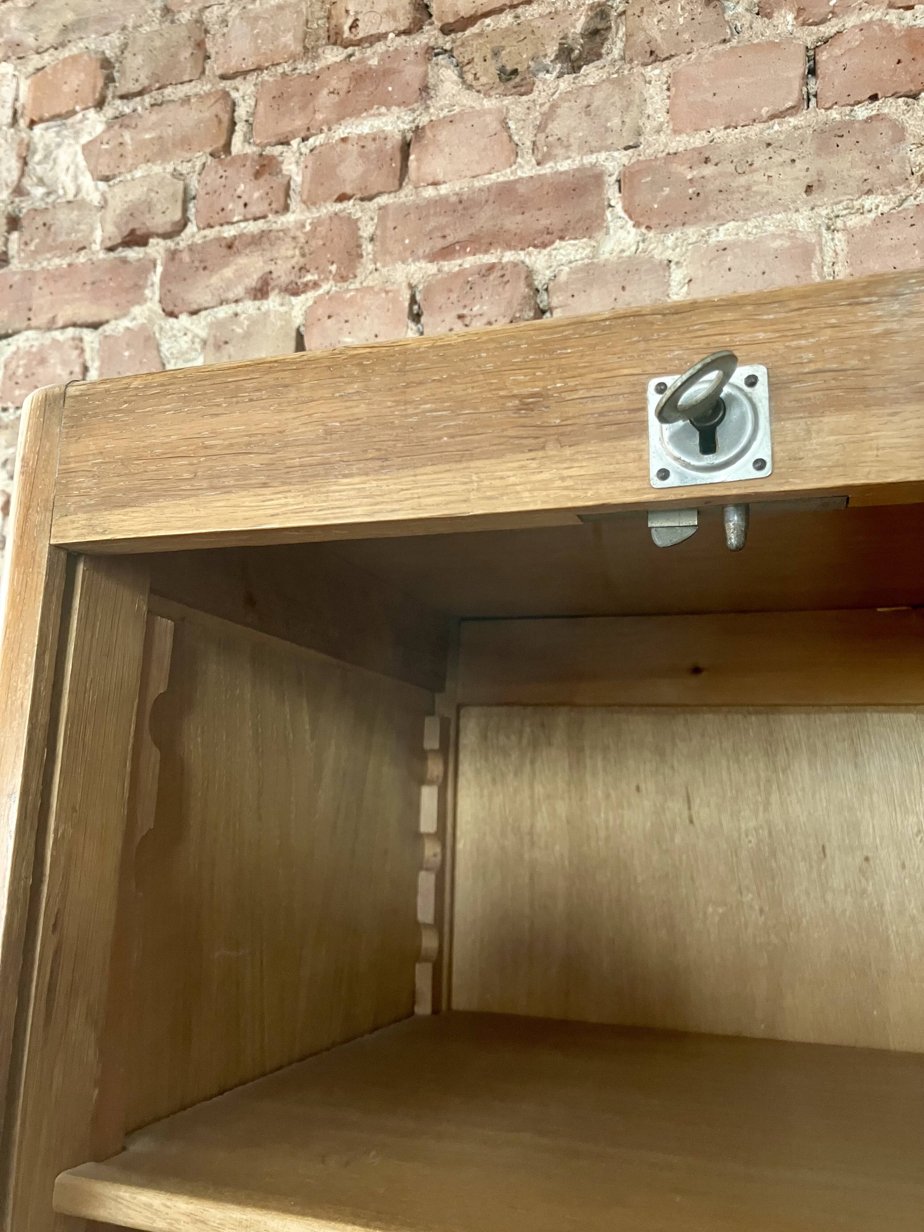Double curtain filing cabinet in oak — on legs