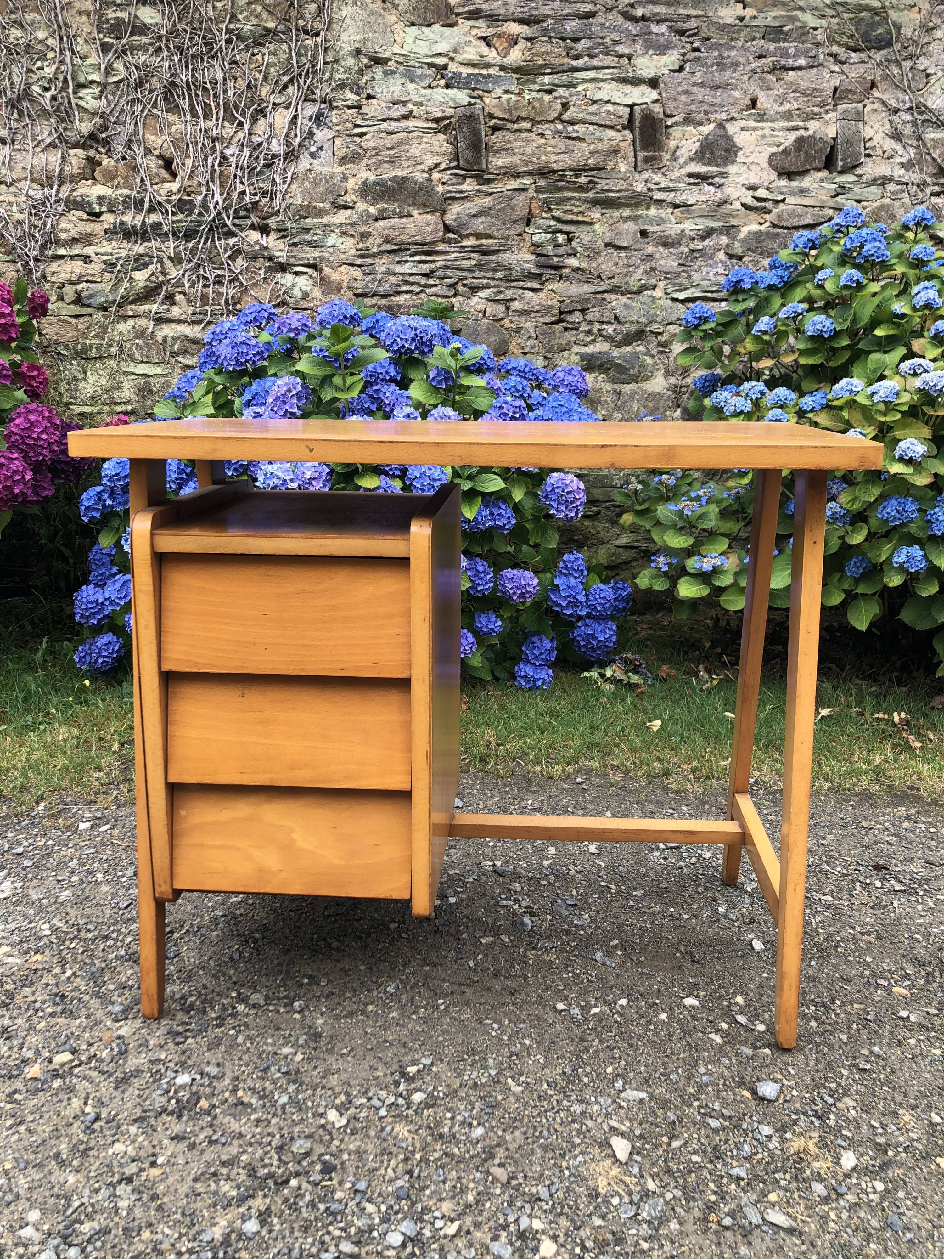 Vintage desk with beech compass legs with 3 drawers.