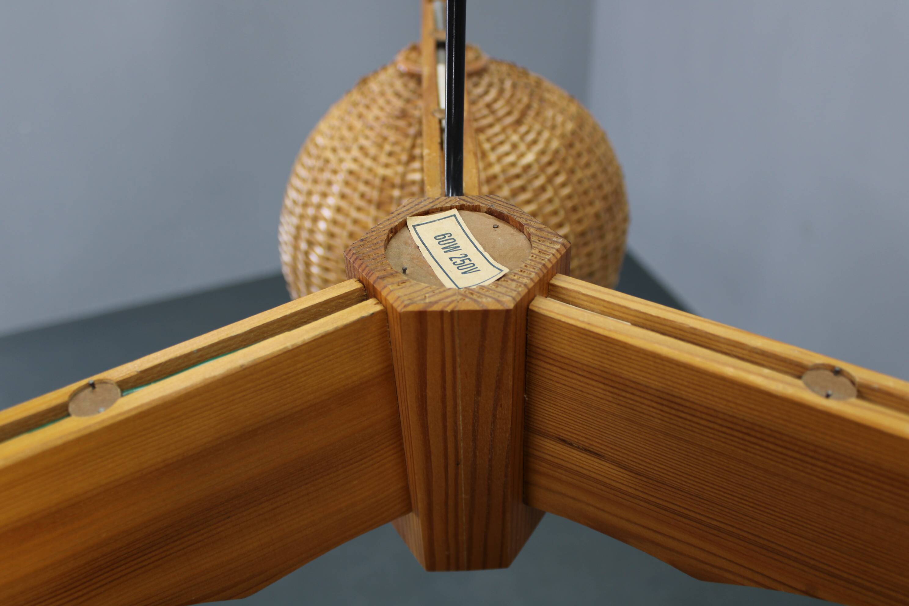 1970s Czechoslovakian rattan & pine pendant light, three-shade chandelier