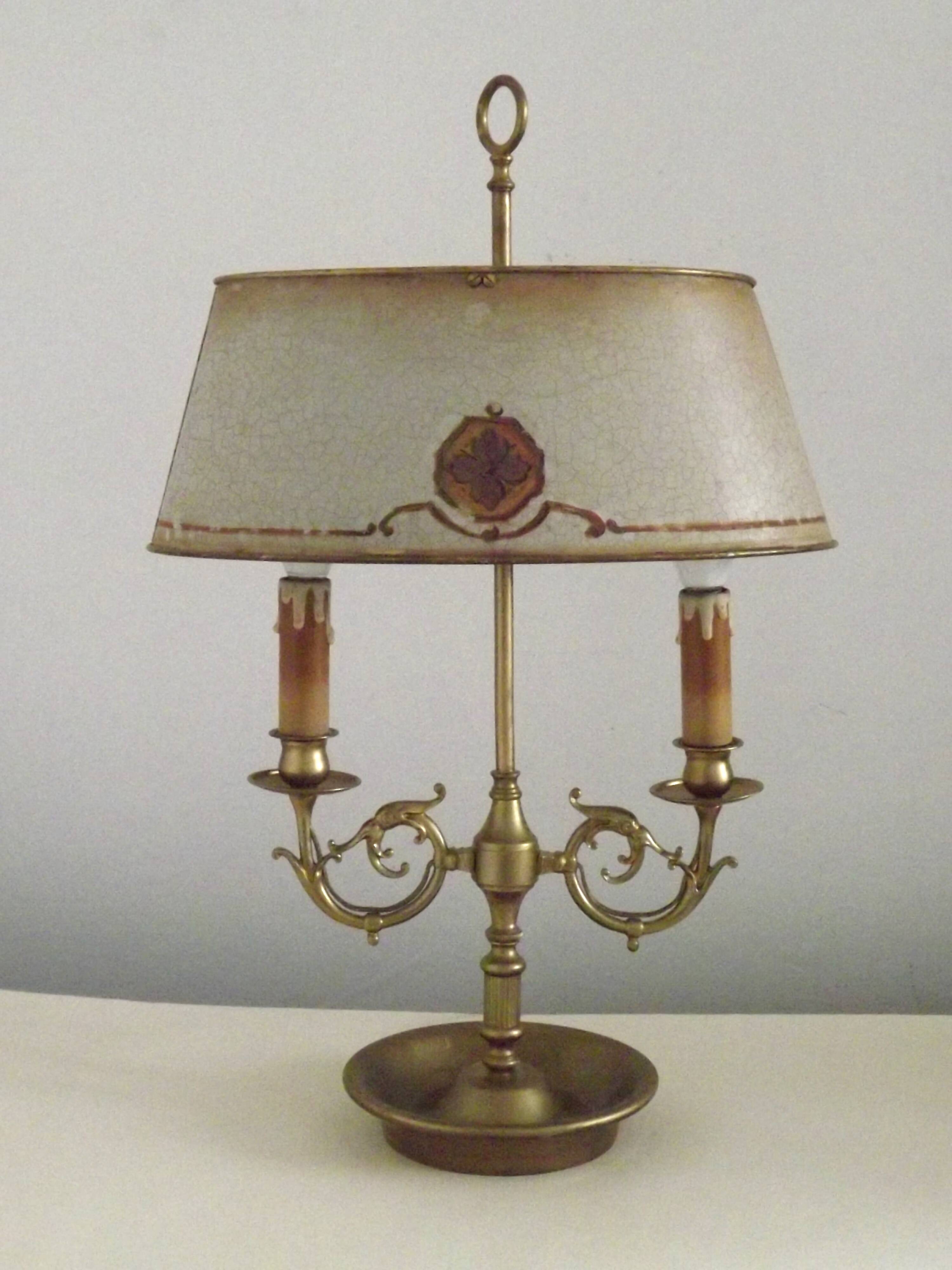 Lampe bouillotte à 2 lumières en laiton de l'Empire français, design floral peint à la main