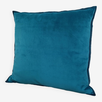 Turquoise blue velvet cushion with black overlock finish 40x40 cm