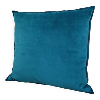 Turquoise blue velvet cushion with black overlock finish 40x40 cm