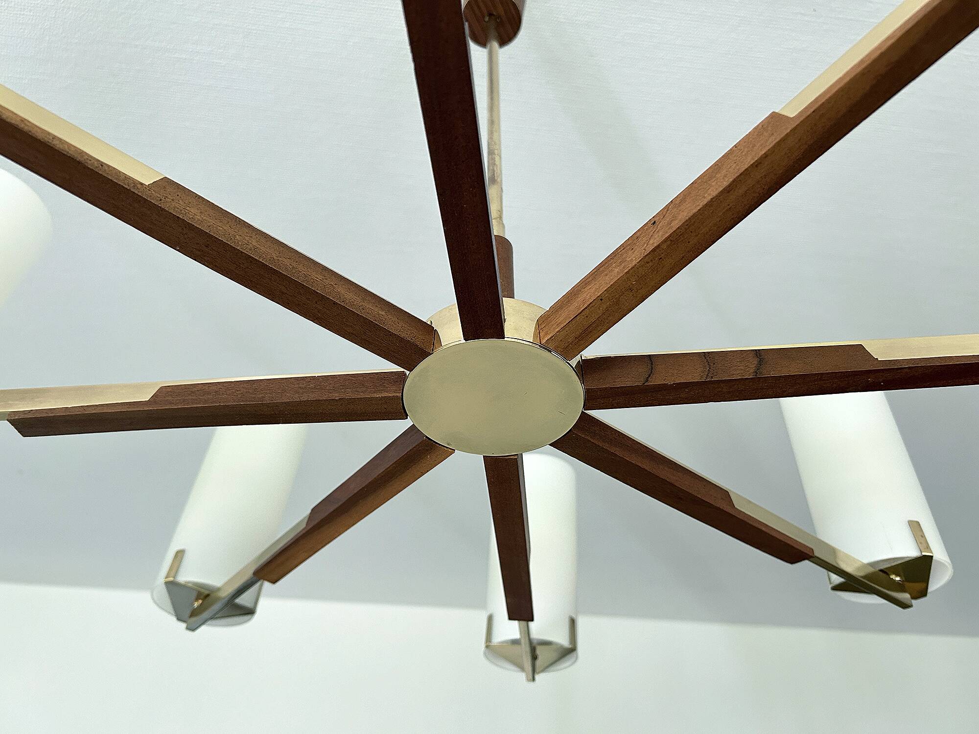 Grande suspension scandinave, teck, laiton et verre