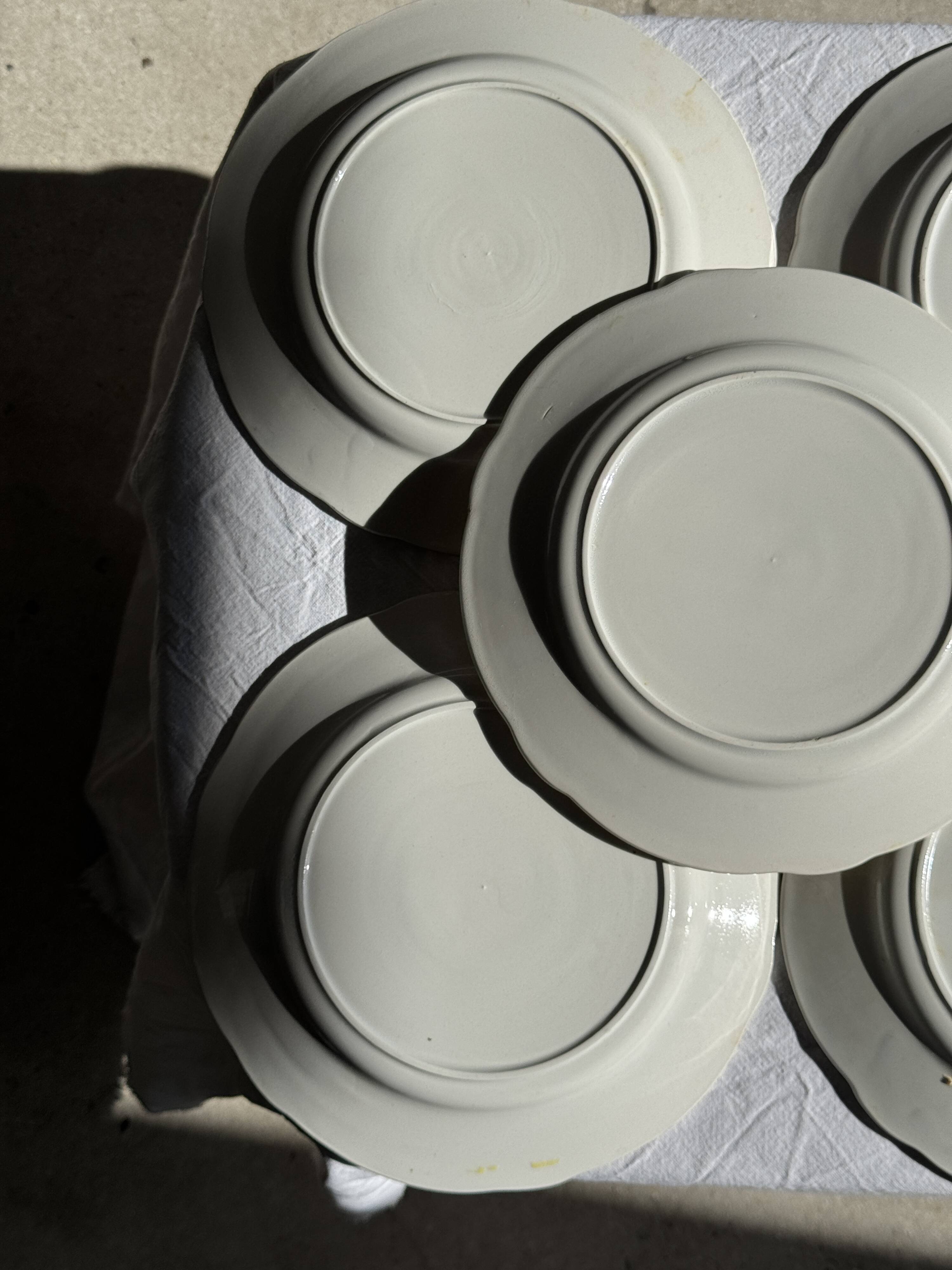 Lot de 19 grandes assiettes plates vintage jaunes fleurs roses liseré doré