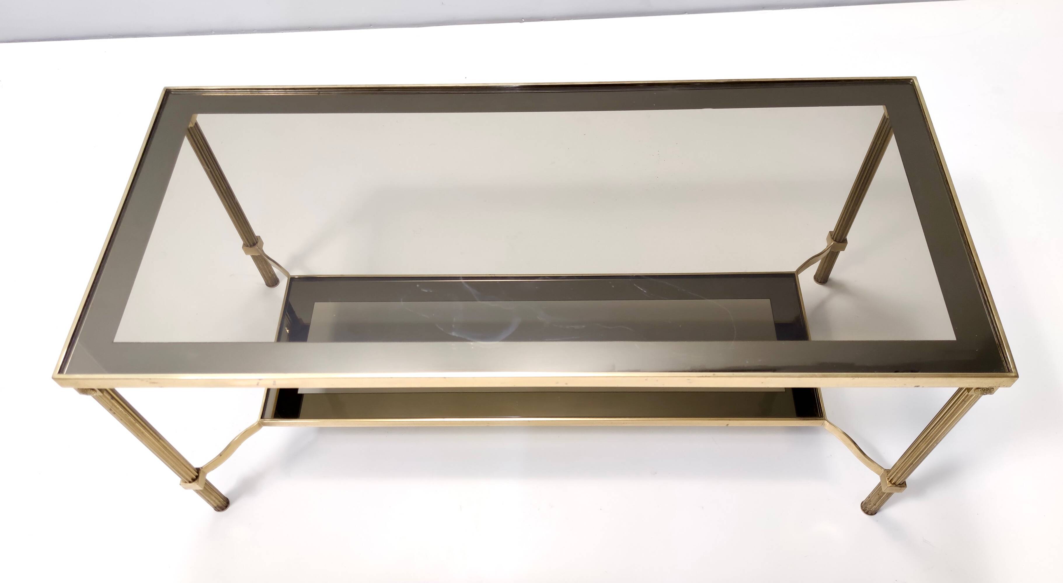 Rectangular Brass Coffee Table with Mirrored Glass Edges, Italy