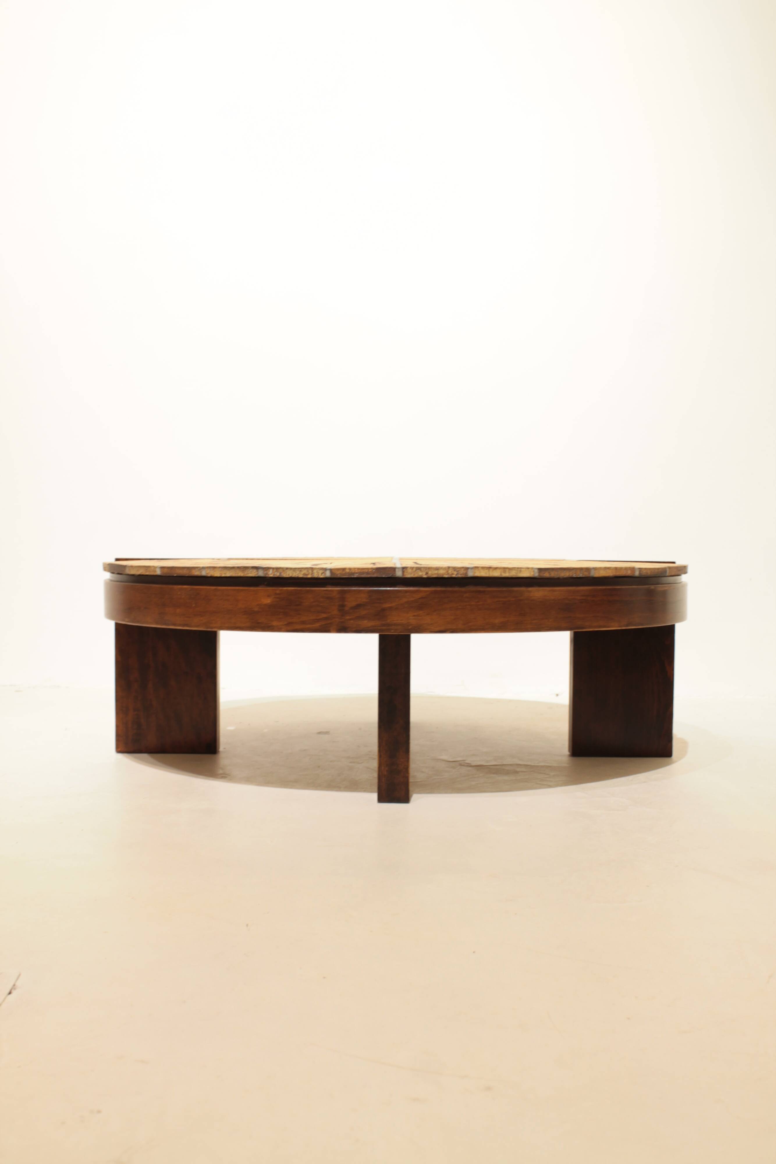 Round coffee table herbarium Roger Capron, Vallauris - ceramic and wooden structure