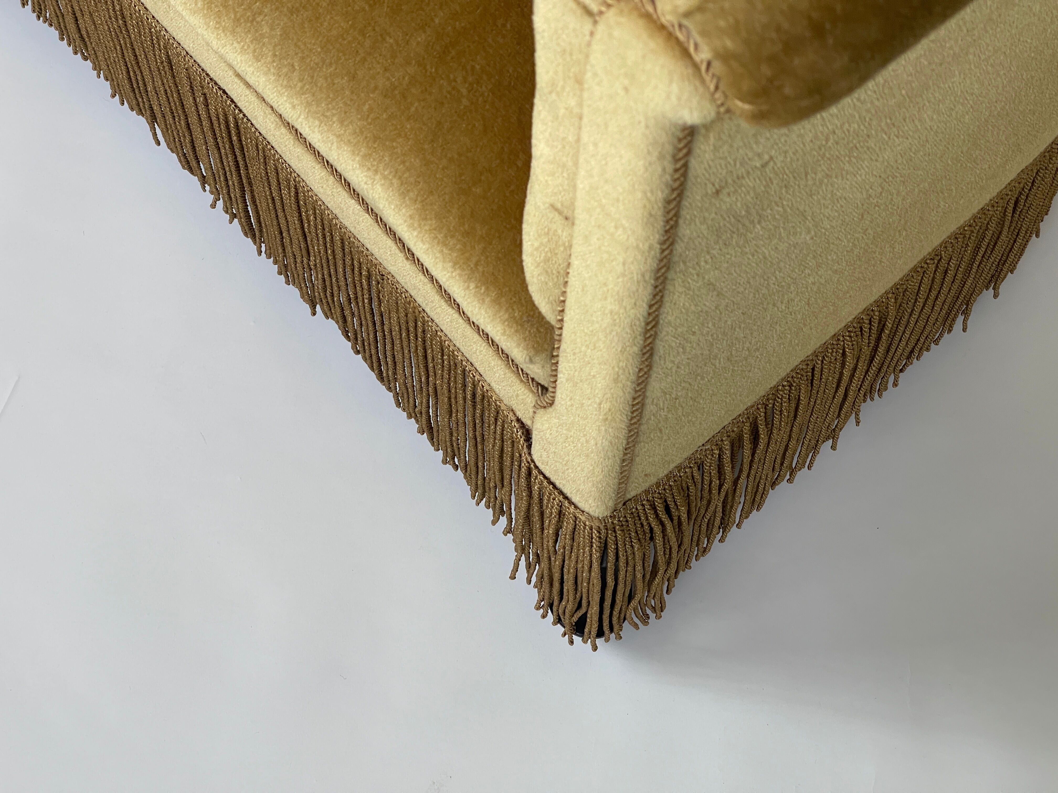 Mid century gold fringed velvet tub armchair