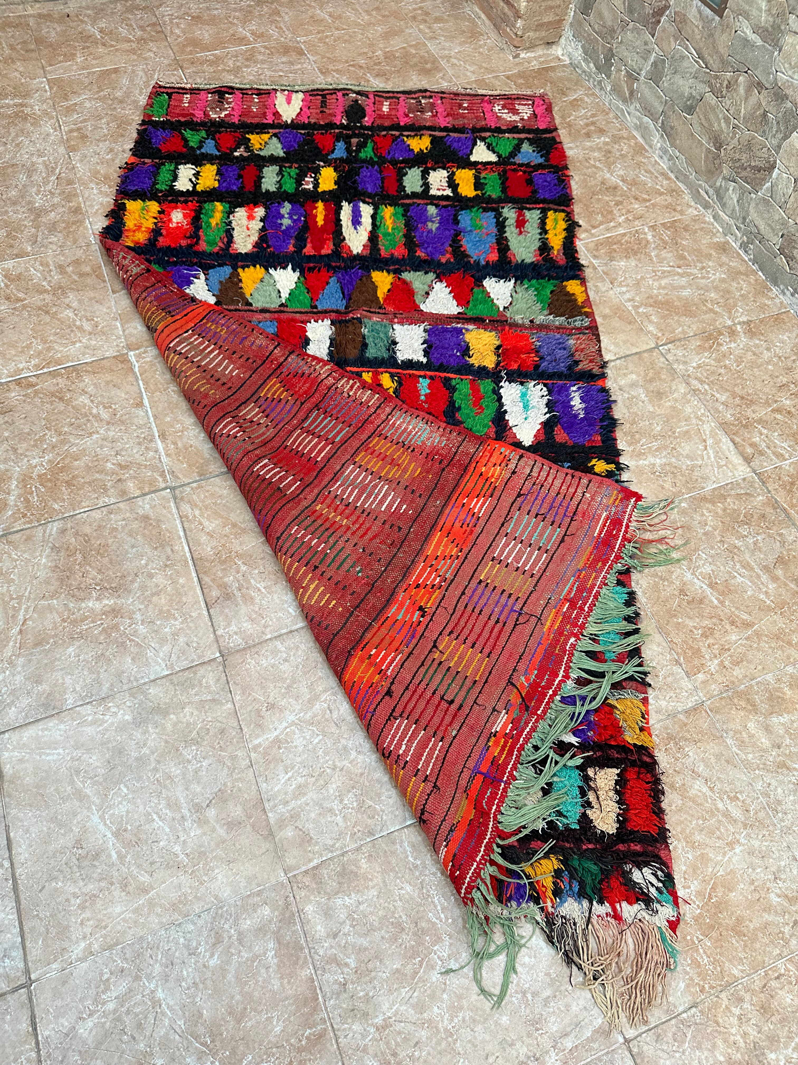 Vintage Moroccan Boujaad rug: Small abstract red Boucherouite rug.