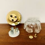 1 of 2 Large Brass and Floral Ice Glass Flush Light by Glashütte Limburg