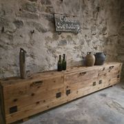 Old French industrial workshop furniture in pine / storage bench, circa 1880–1900