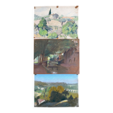Paintings set of 3 drawings by Ed. Pannetier (1884-1965) Provence Côte d'Azur