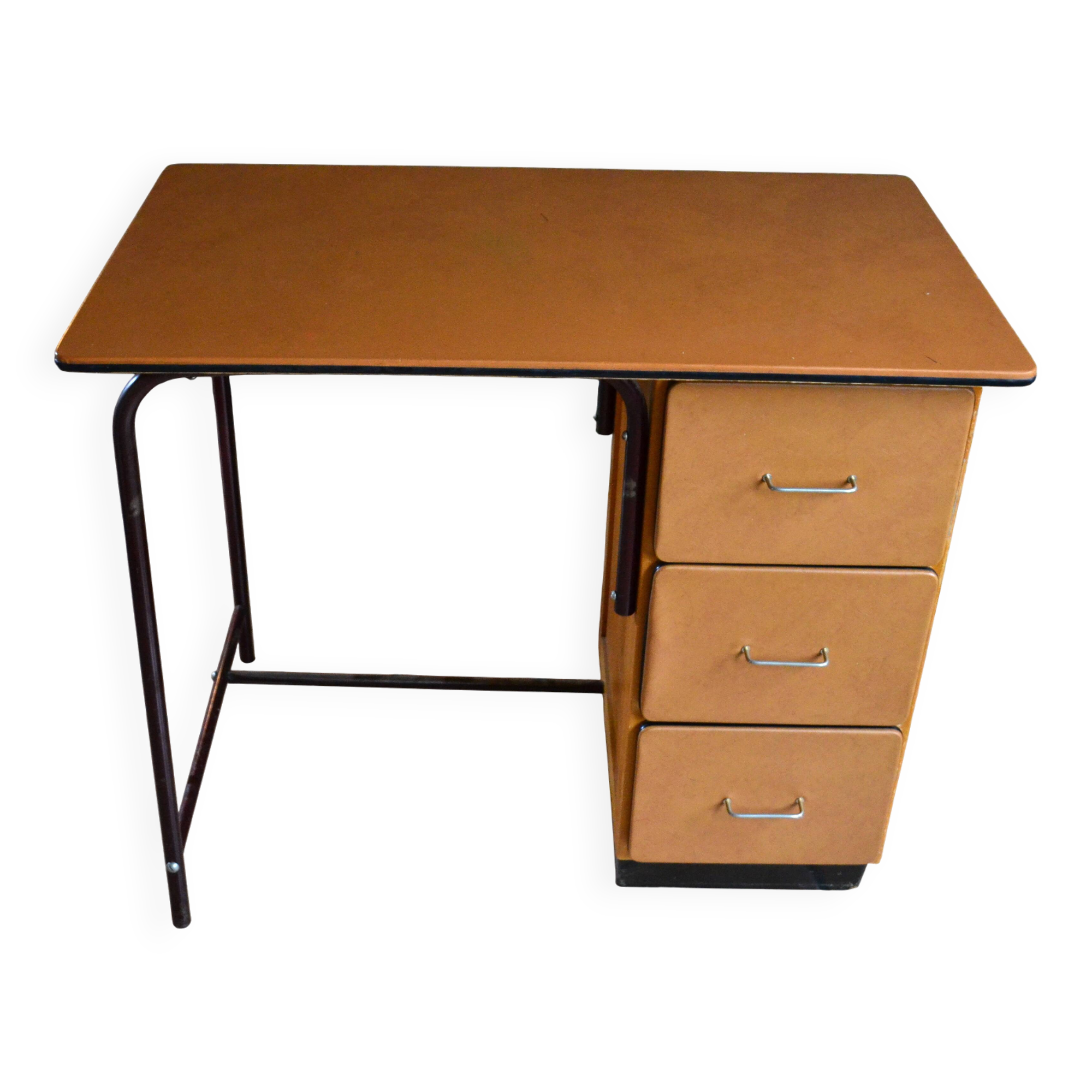 Beech desk with orange faux leather, 3 drawers, 1960s-70s.