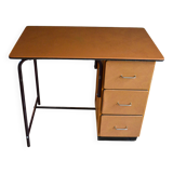 Beech and orange leatherette desk with 3 drawers, 60s/70s