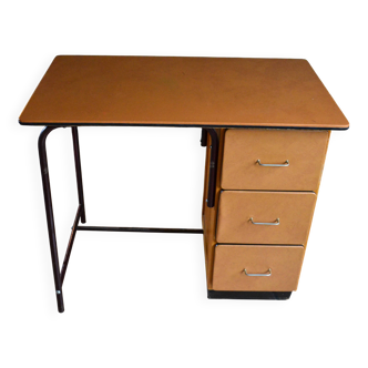 Beech and orange leatherette desk with 3 drawers, 60s/70s