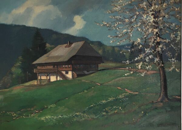 Tableau ancien chalet et arbre en fleurs