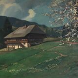 Old cottage and flowering tree table