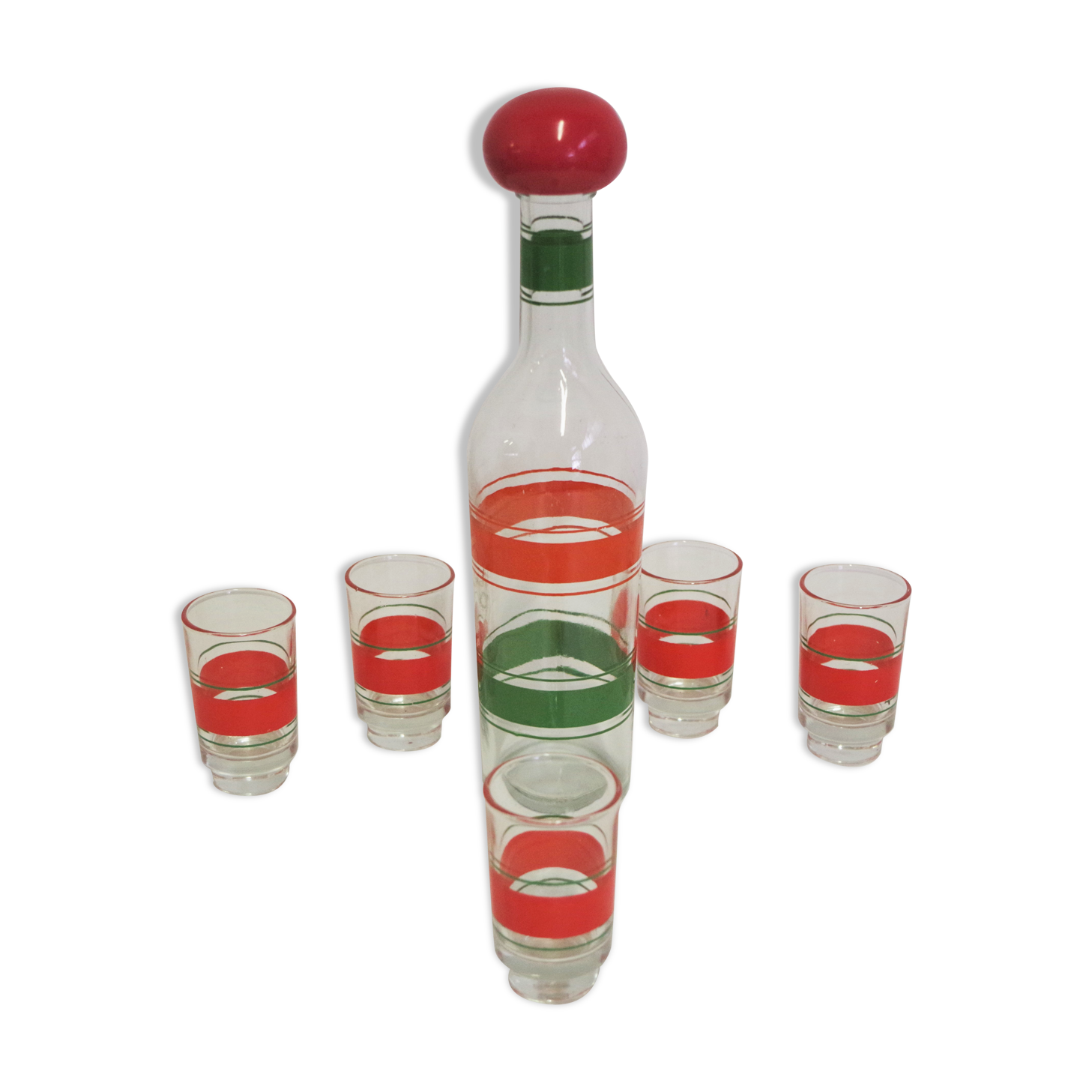 Liquor bottle and glasses, 1960s, set of 6