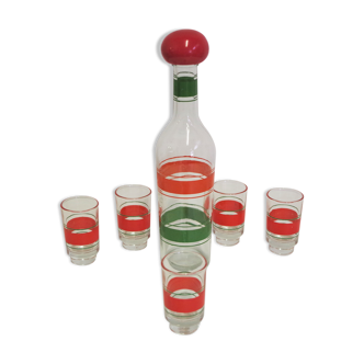 Bouteille à liqueur et verres, années 1960, ensemble de 6