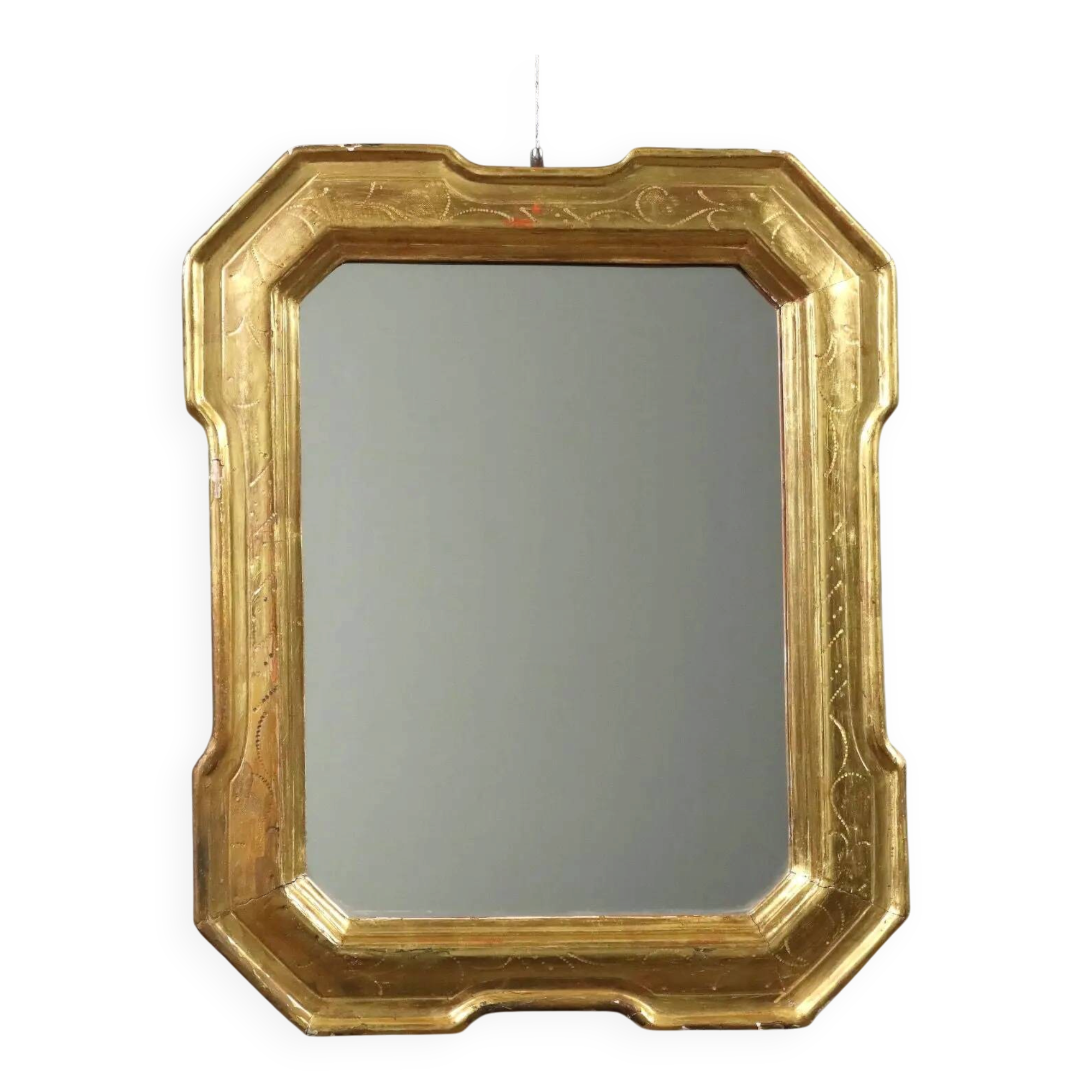 Antique cabaret mirror in gilded wood, Italy, mid-19th century.