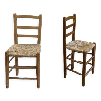 Pair of rustic-style vintage straw wood brutalist chairs