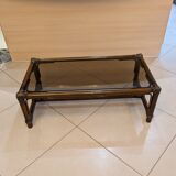 Table rotin vintage et verre rectangulaire