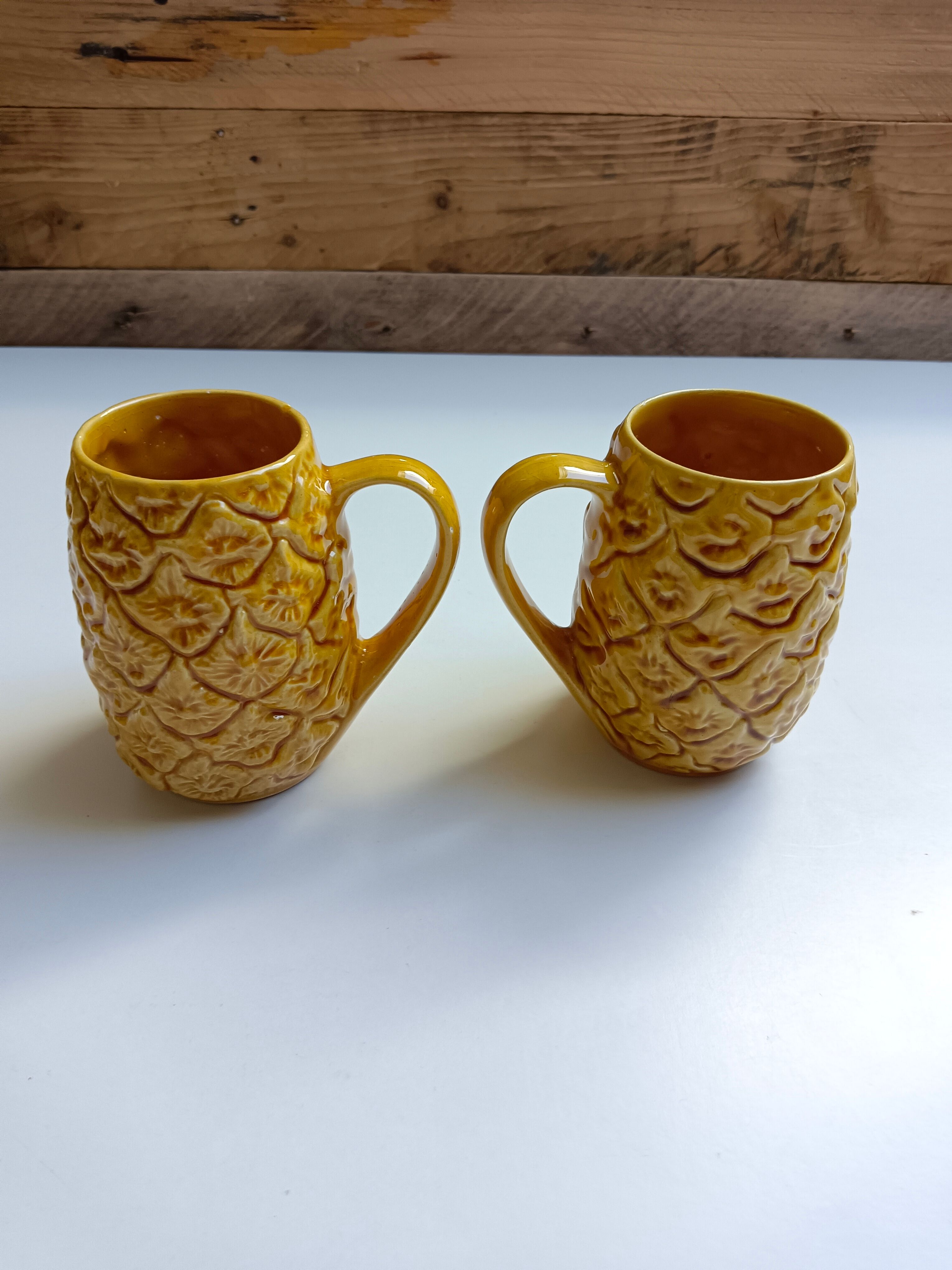 Handmade yellow pineapple mugs signed Kerangol made in Portugal.