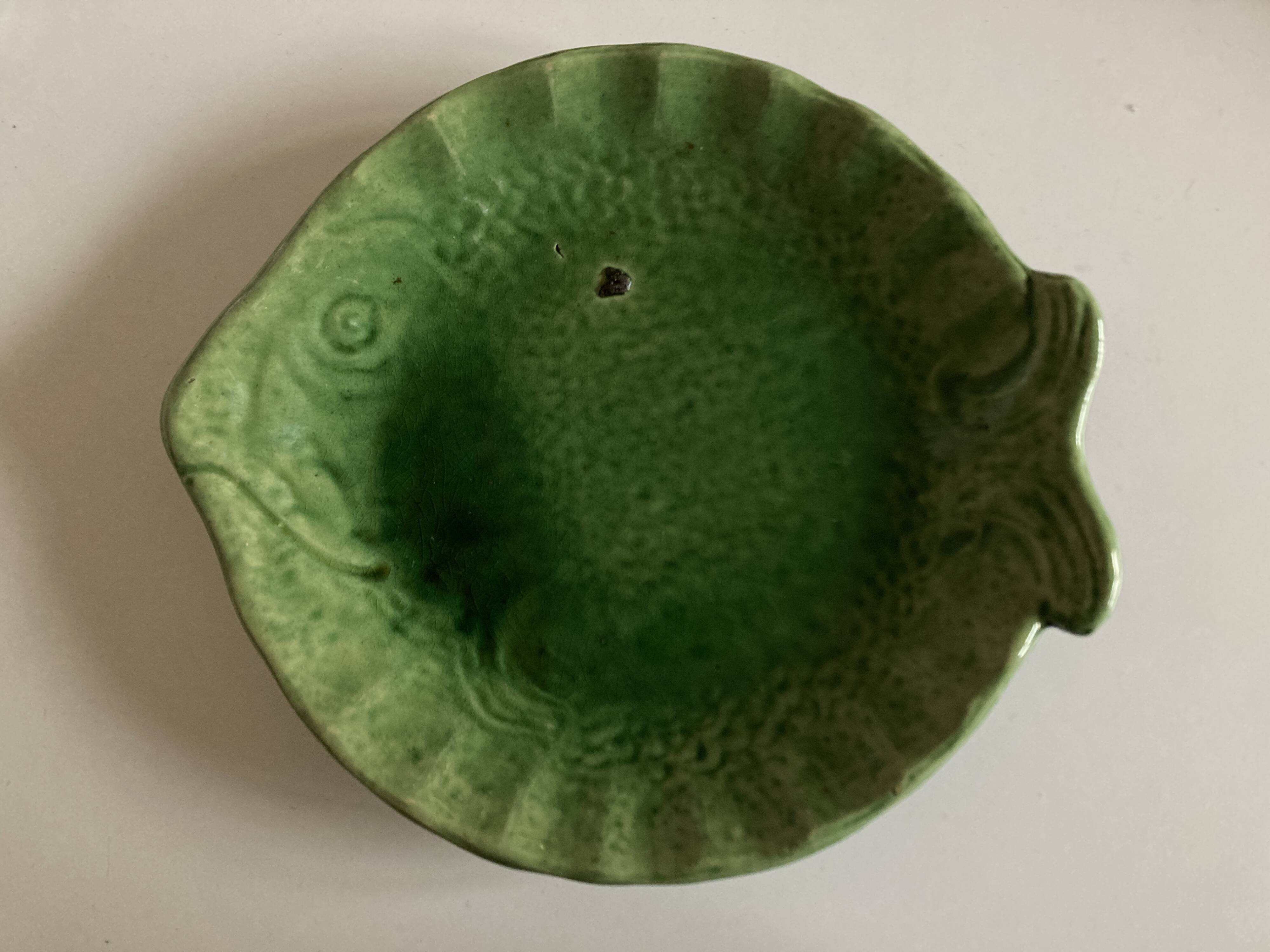 Aegitna deep dish in green glazed earthenware Fish Vallauris 1960