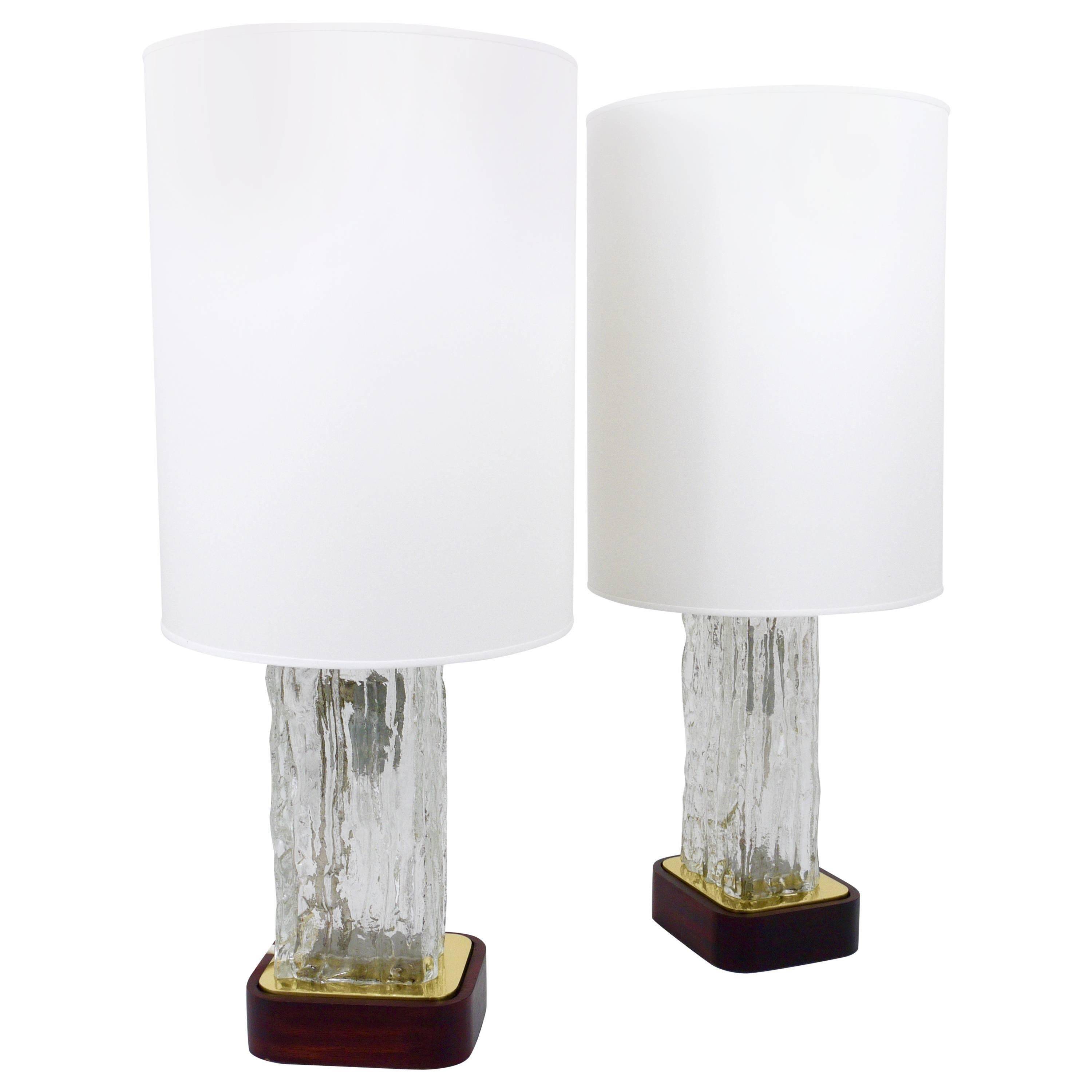 Pair of large glass ice table lamps by J.T. Kalmar "Frankenberg" with illuminated base.