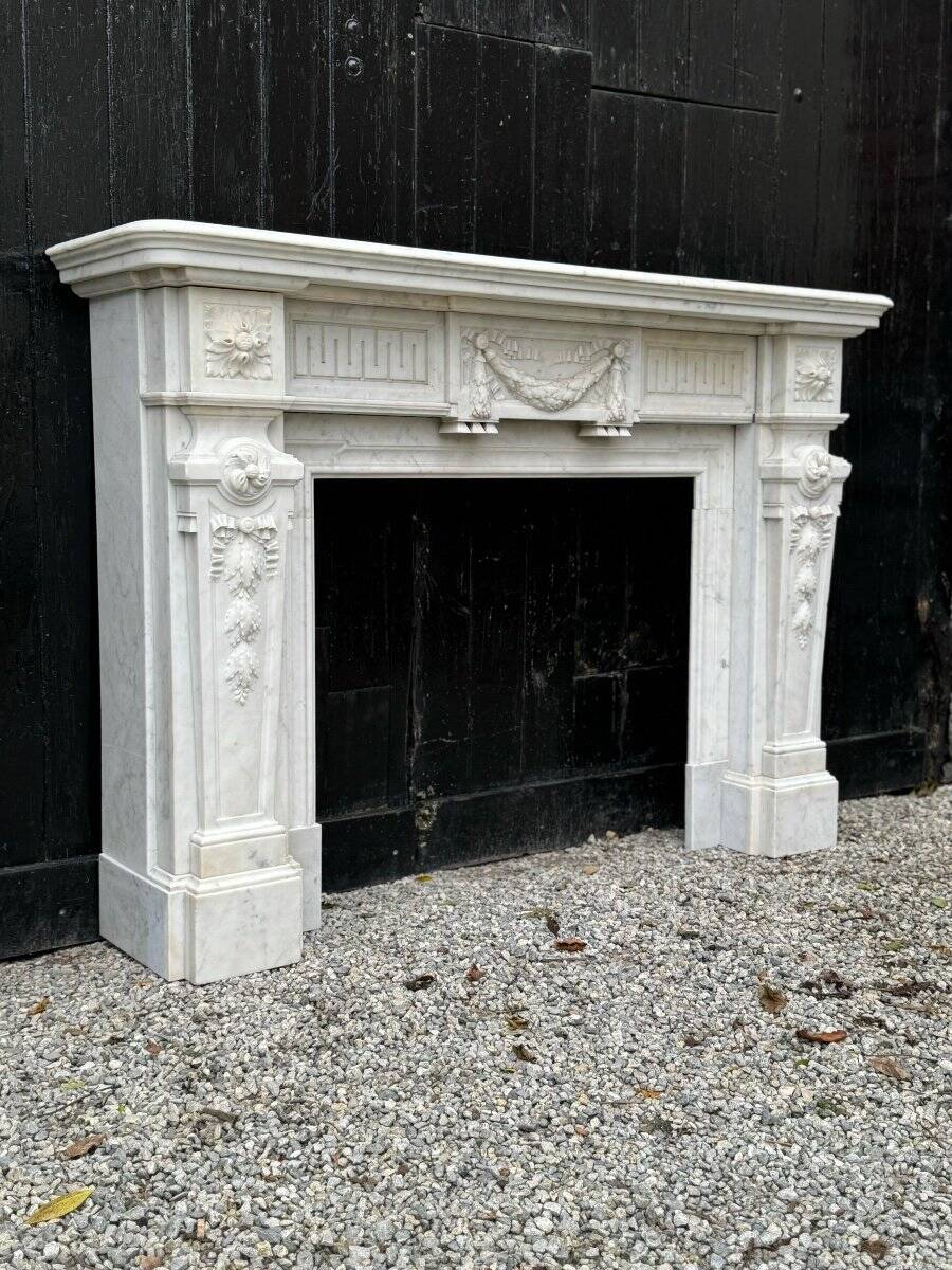 Louis XVI Style Fireplace in White Carrara Marble Circa 1880