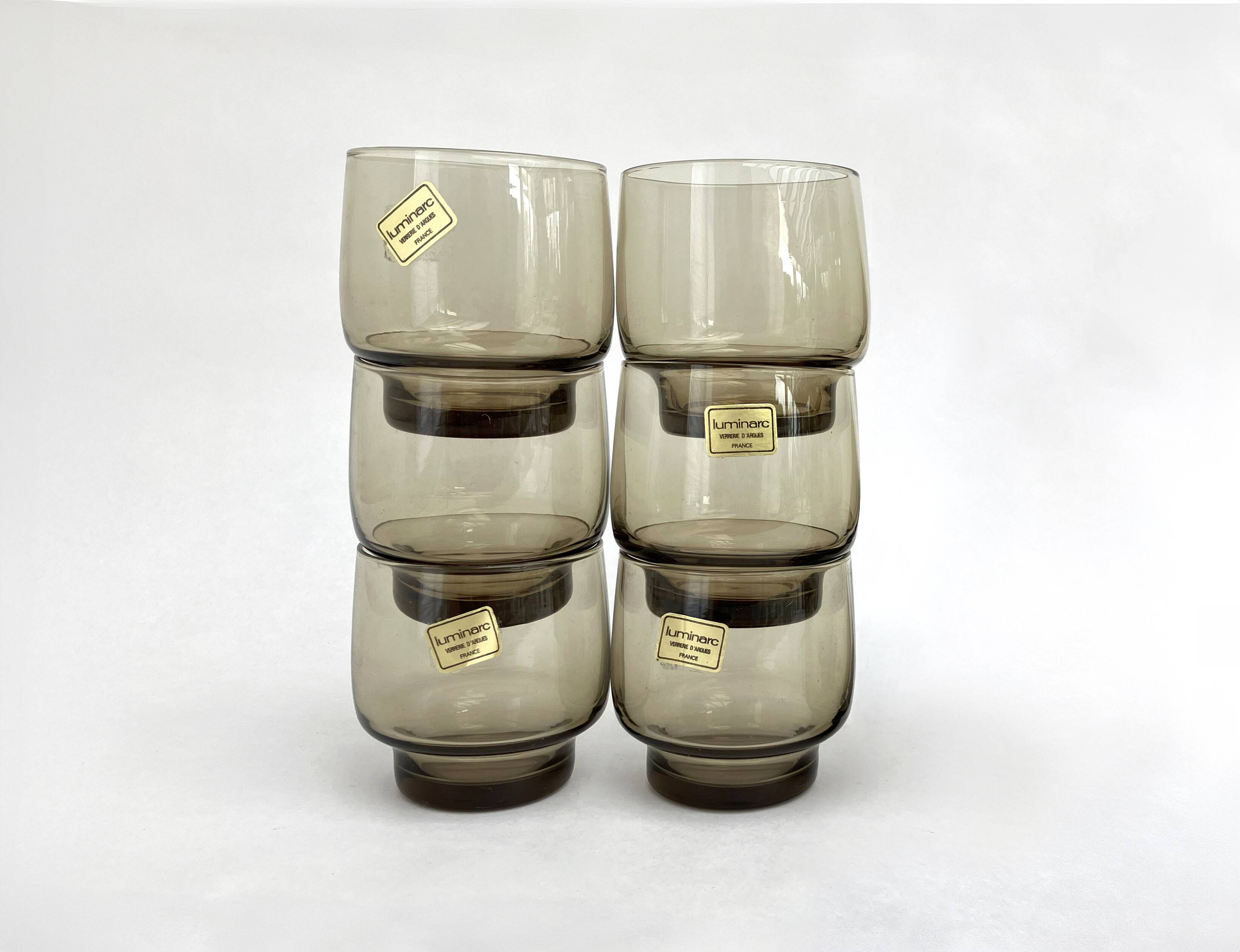 Ensemble de 6 verres transparents fumés LUMINARC • Neuf • Vintage 70s • 2 lots disponibles