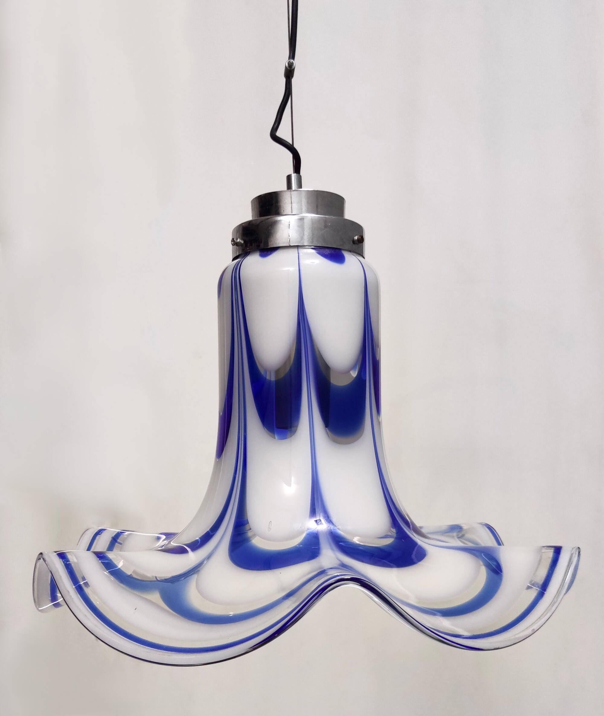 Blue & White Murano Glass Bell Pendant Ascribable to Mazzega, Italy, 1970s
