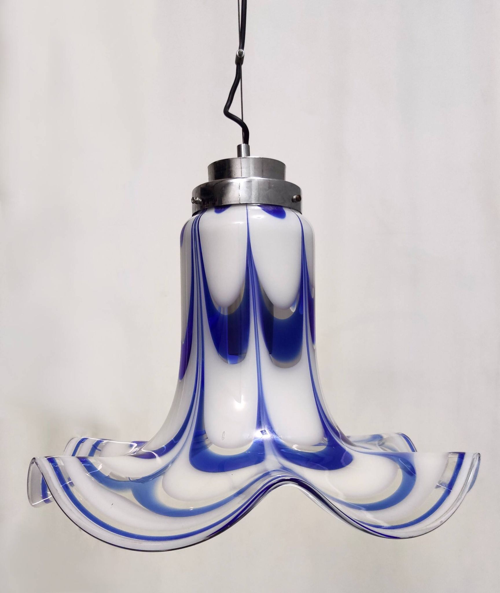 Blue & White Murano Glass Bell Pendant Ascribable to Mazzega, Italy, 1970s