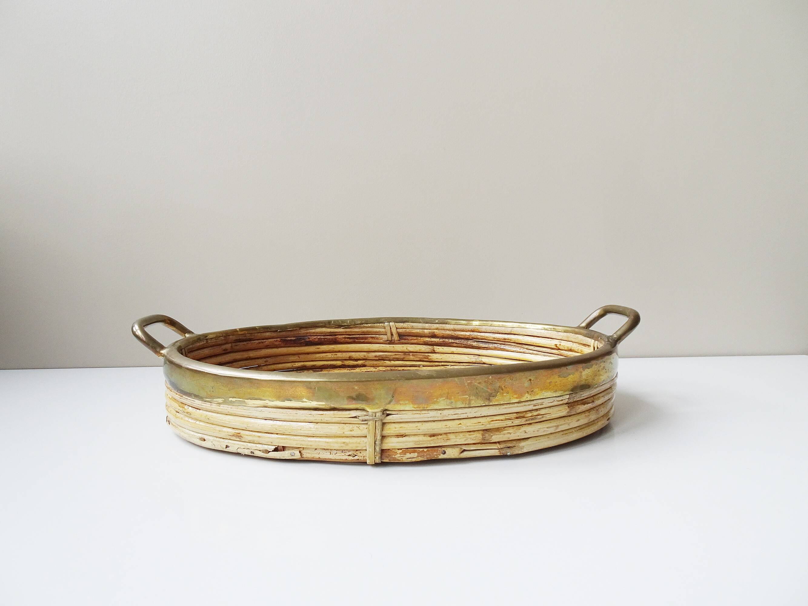 Rattan and brass tray, Gabriella Crespi style serving tray ​