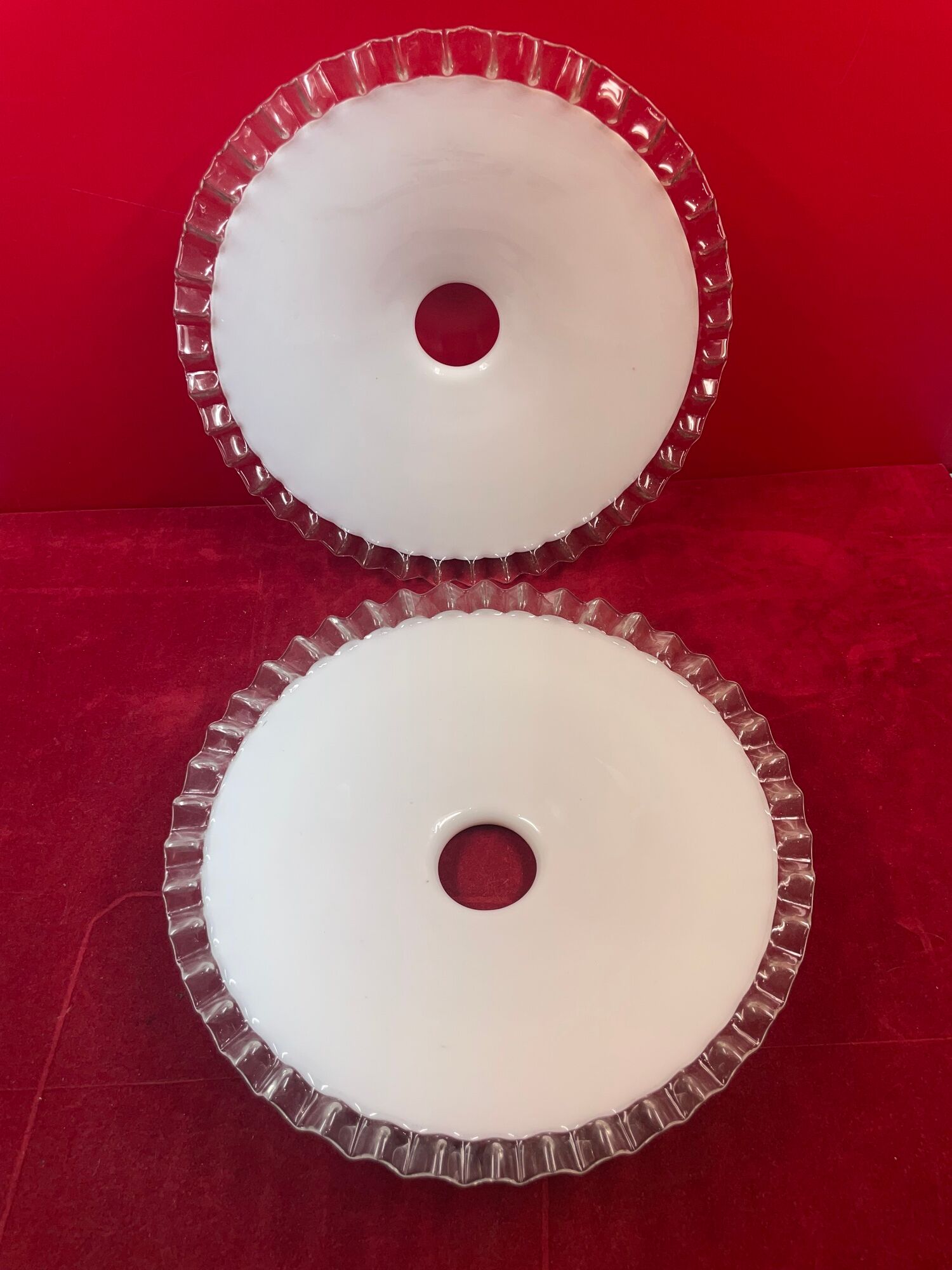 Ceiling lampshade, old opaline glass serrated 25.5 cm set of 2