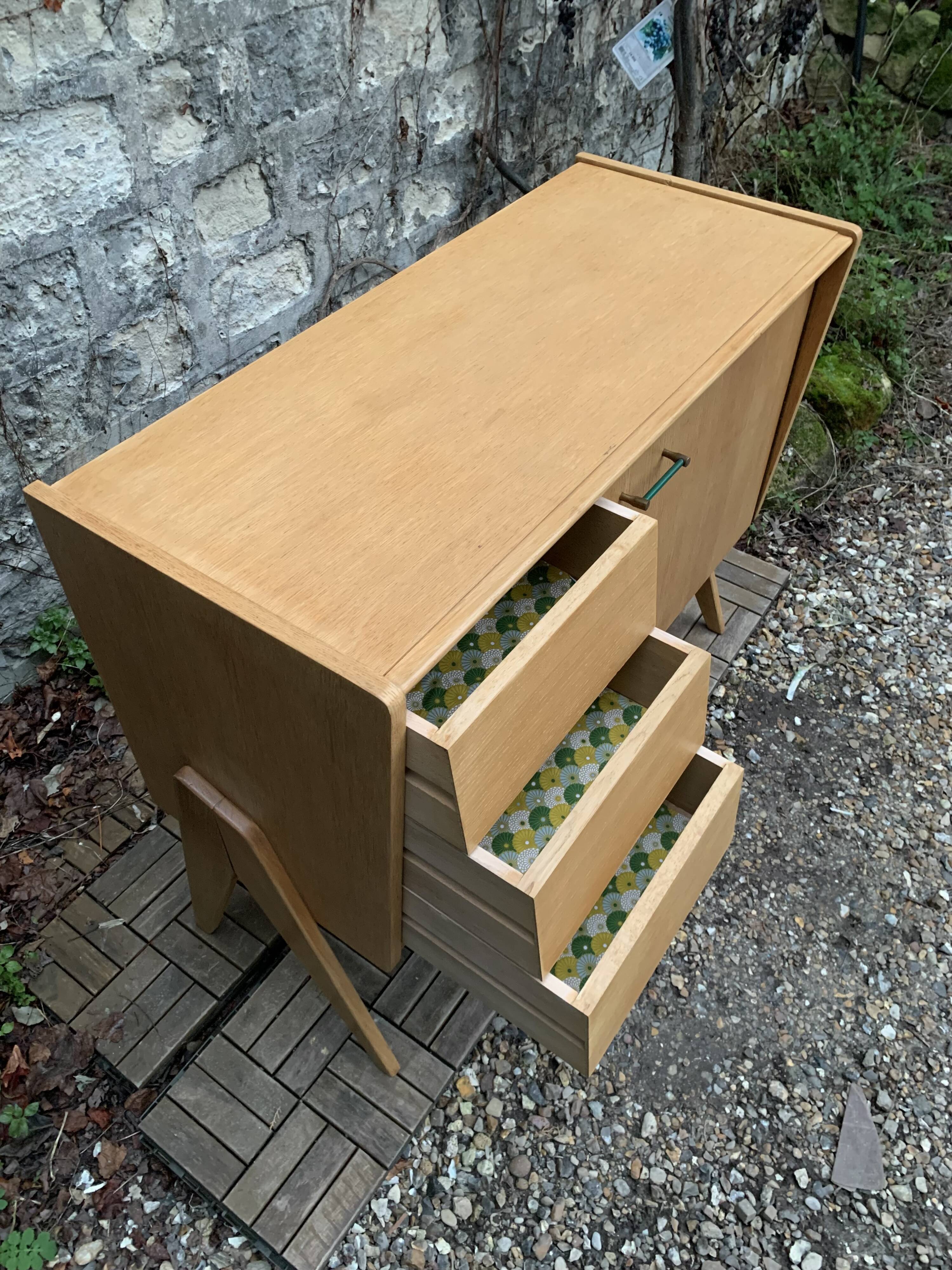 Vintage chest of drawers with compass legs, light oak, 1960s