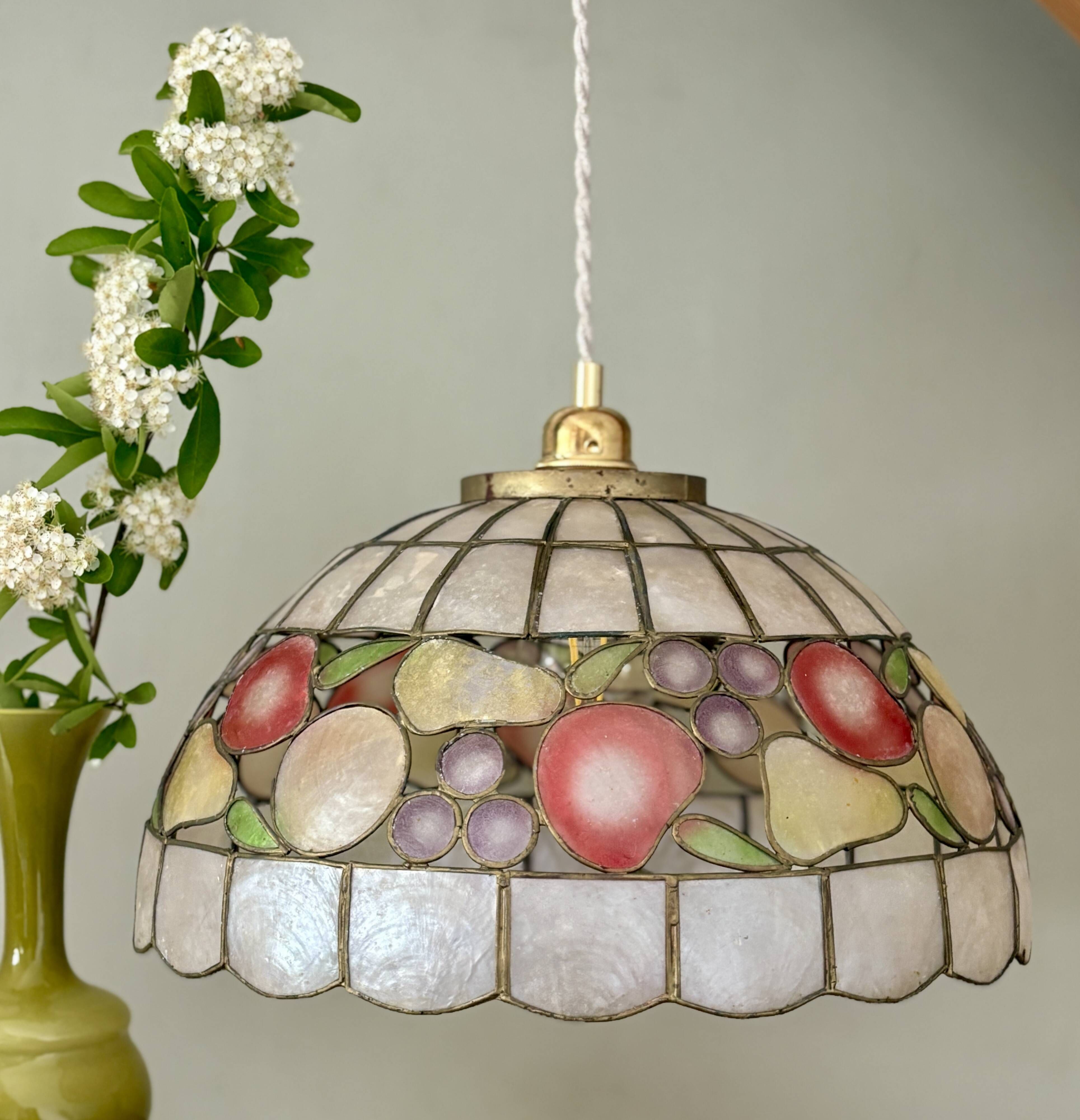 Vintage mother-of-pearl and brass pendant lampshade with fruit decorations