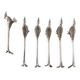 Six silver-plated knife rests in the shape of peacocks.