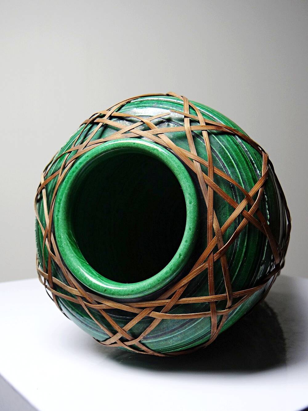 Japanese vase, green ceramic with bamboo lacing, Awaji Yaki, antique 1900-1930.