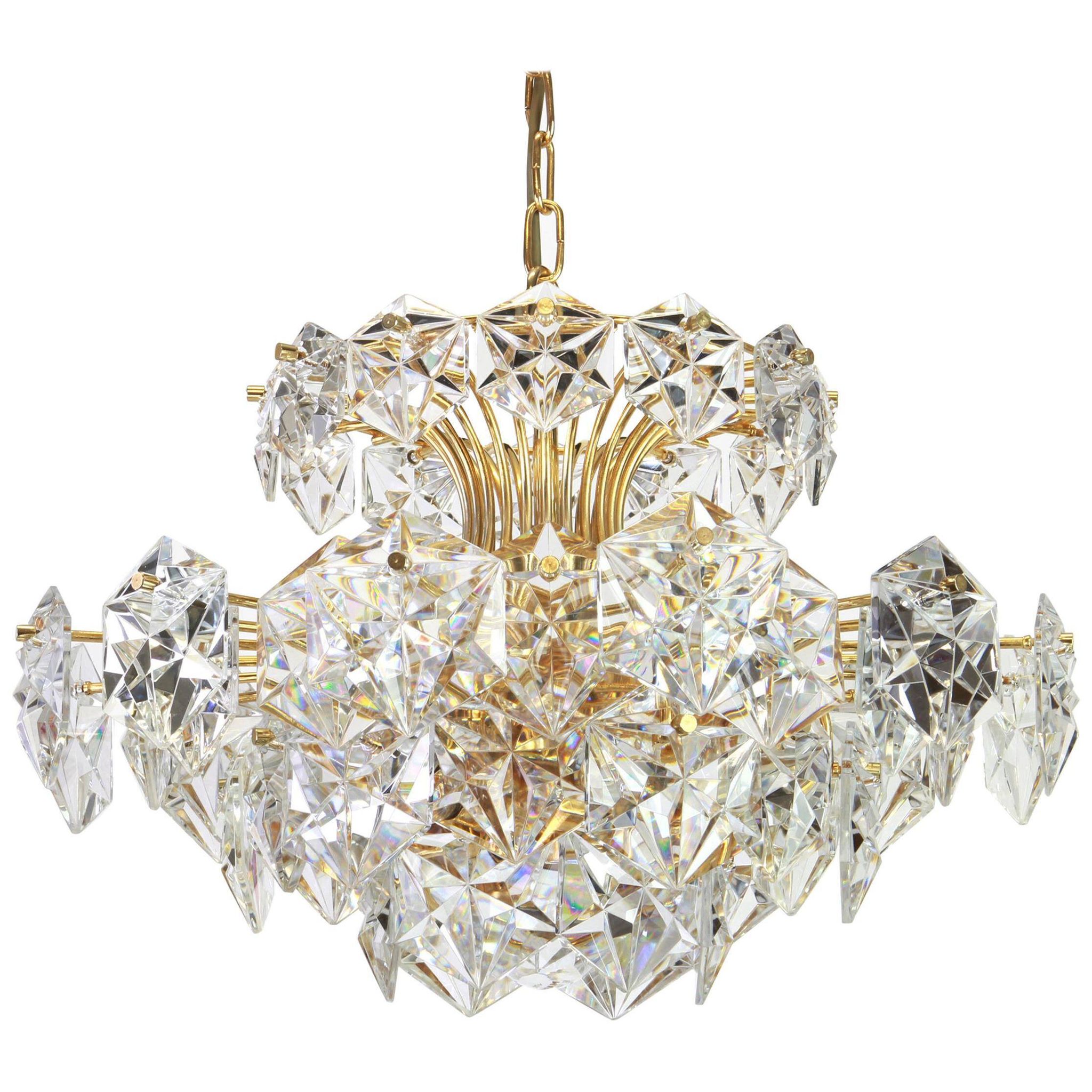 Chandelier in gilded brass and crystal glass by Kinkeldey, Germany, 1970s.