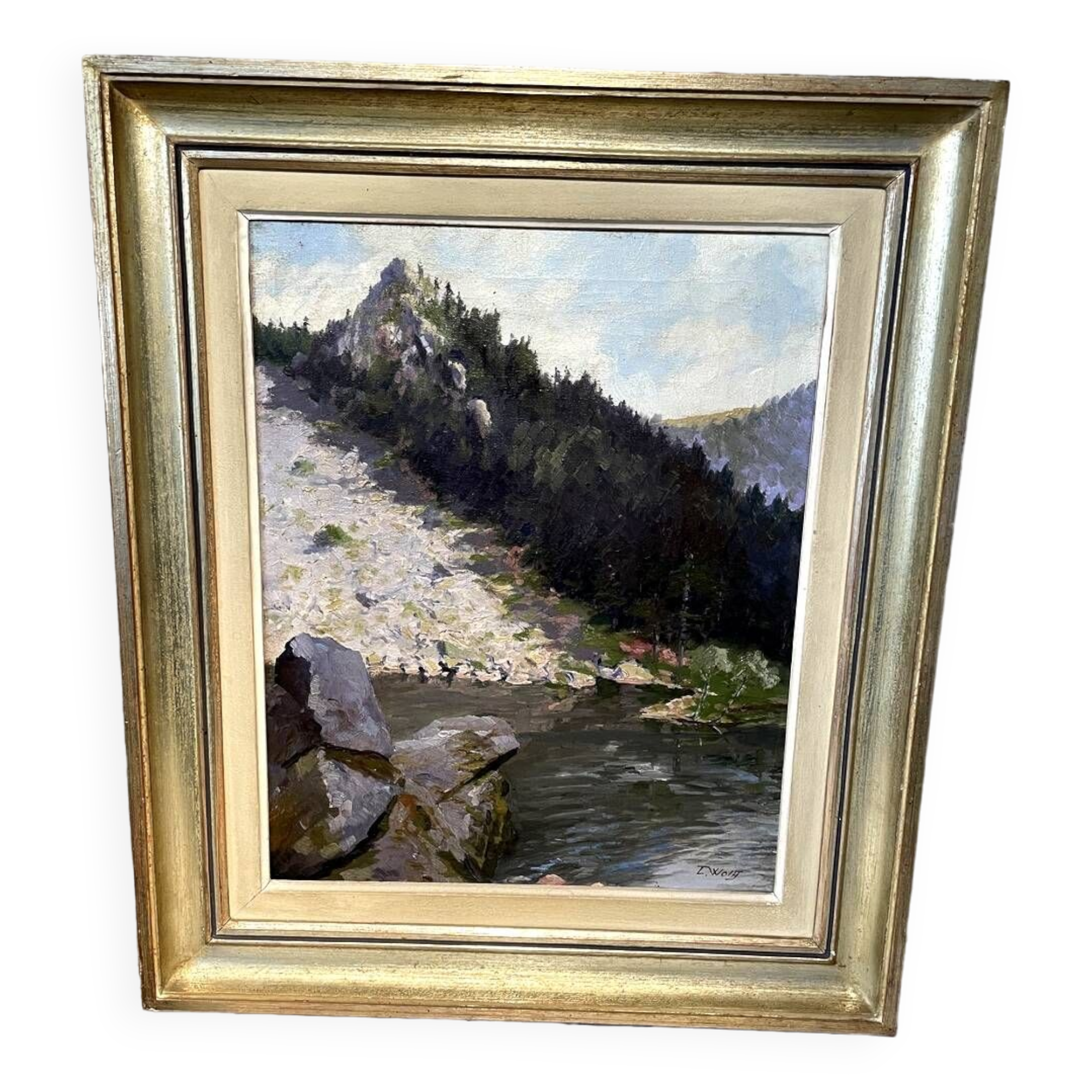 Oil on canvas representing a lake signed lucien wolff alsacian painter