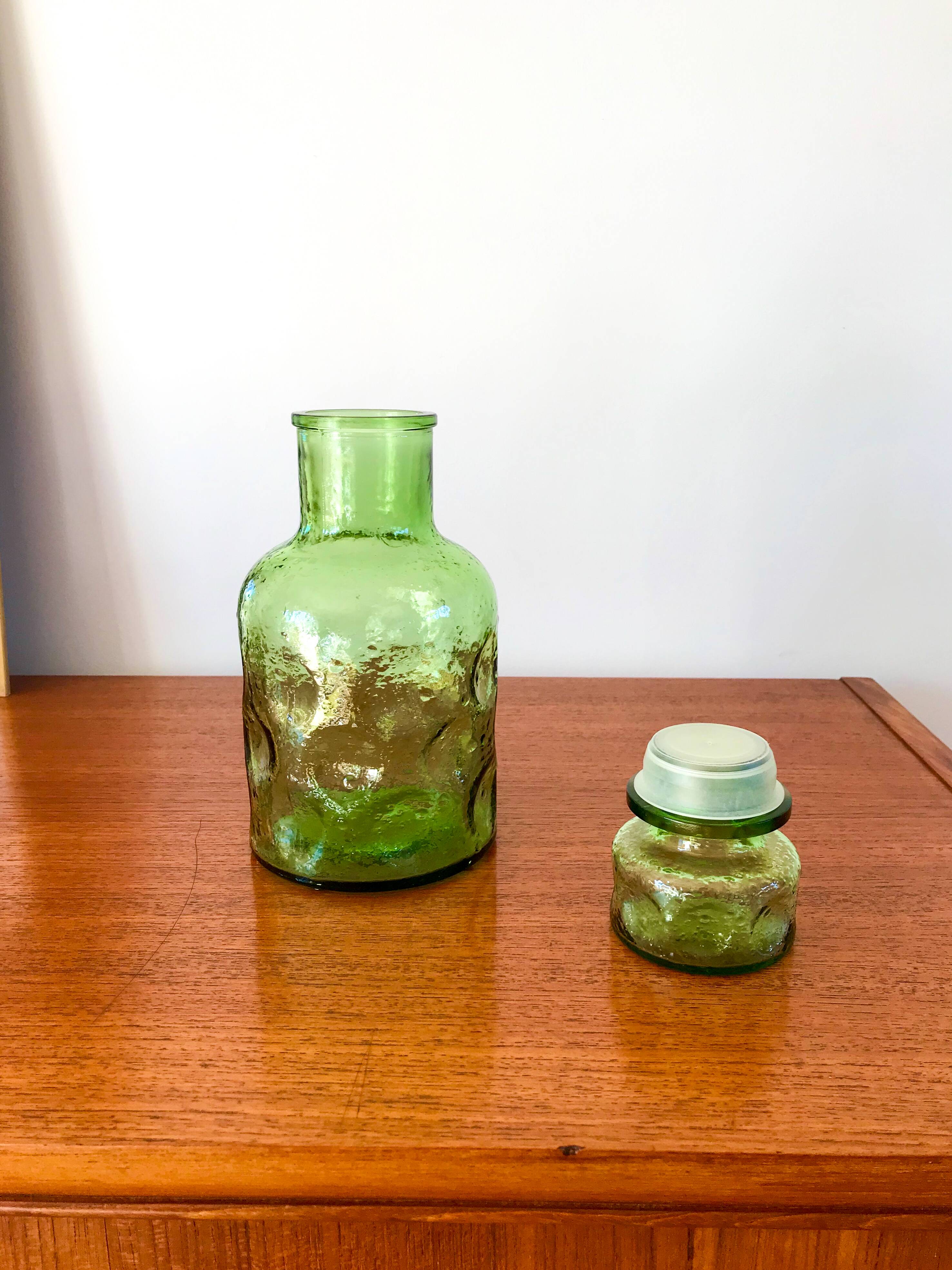 green bubbled glass carafe from the 70s